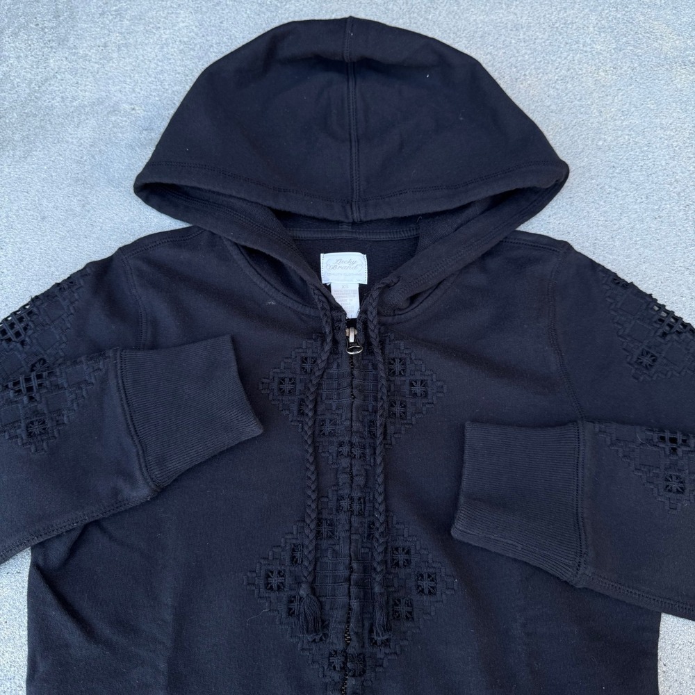 Lucky Brand Women Black Embroidered Eyelet Full Zip Hoodie Sweatshirt XS